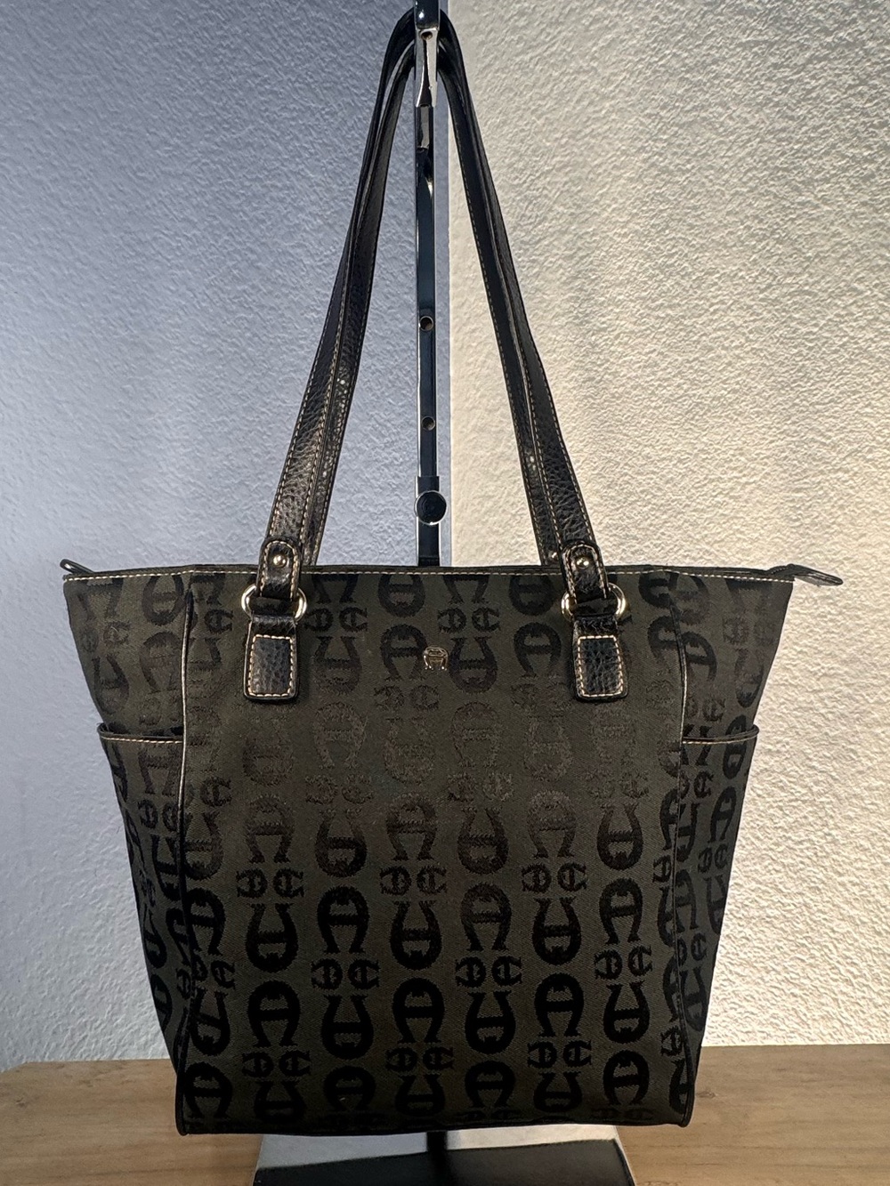 Etienne Aigner Monogram Canvas Tote Black Gray Leather Trim Gold Stitching
